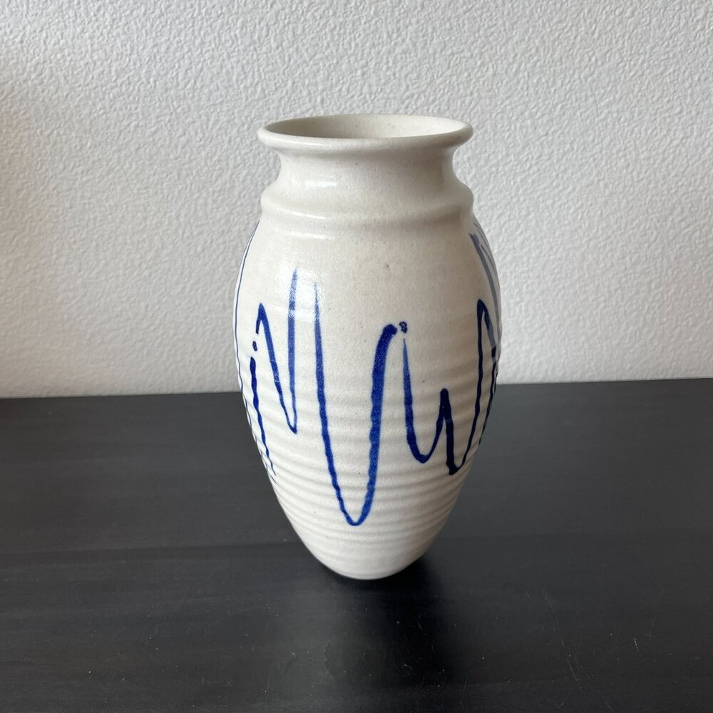 Handcrafted Stoneware Vase With Blue Abstract Design 9 Inches Tall